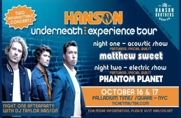 HANSON in NYC on Oct. 16 and 17th at Palladium Times Square on the UNDERNEATH: EXPERIENCE TOUR at Palladium Times Square