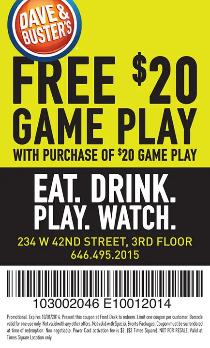 Dave and busters coupons $20 free game play