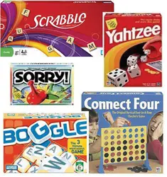 board games; mattel; scrabble, yahtzee, sorry!, connect four, boggle; family board games