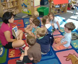 Lango of Rockland County, NY; story time in children's classroom