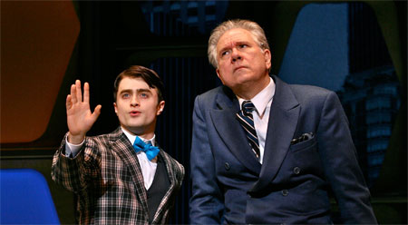 Daniel Radcliffe and John Larroquette in Broadway's How to Succeed in Business Without Really Trying